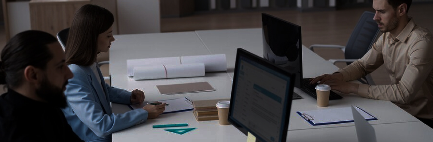 People working at a desk with laptops and documents